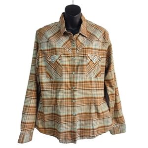 Rough Stock Women's Brown Blue Studded Plaid Button Down Shirt Size XL